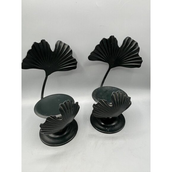 Set Of 2 Black Metal Gingko Leaf Pillar Candle Holders Decor - Picture 1 of 5